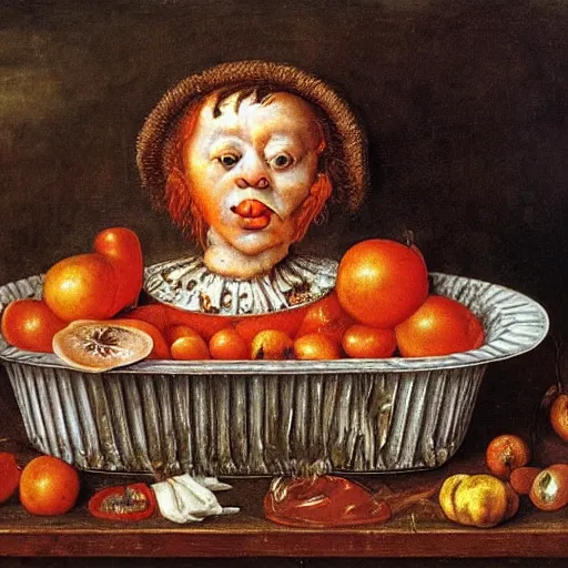 Prompt: a boy sitting in a tub full of tomato sauce, by giuseppe arcimboldo, renaissance, portrait, fruit, detailed oil paint, high definition