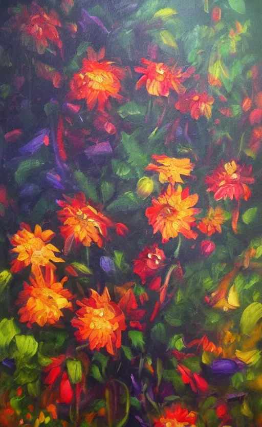 Image similar to hungry flowers in the forest, oil painting by the best painter, emotional, amazing lightning