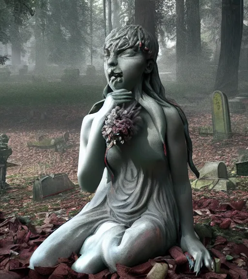 Image similar to weeping demon statue in graveyard surrounded by beautiful forest, grainy film photo, cgsociety, octane render, trending on artstation, artstationHD, artstationHQ, unreal engine, 4k, 8k