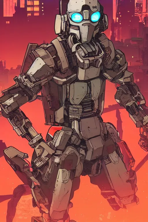 Image similar to cyberpunk mecha ninja is from borderlands and by feng zhu and loish and laurie greasley, victo ngai, andreas rocha, john harris