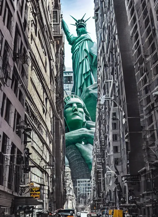 Prompt: giant monster with the face of the statue of liberty walking between buildings