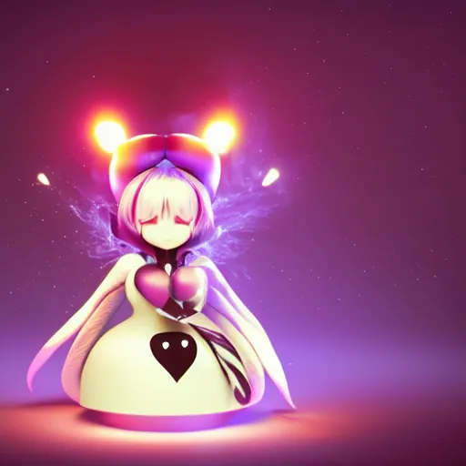 Image similar to cute fumo plush of a pure vantablack girl with a white glowing heart, lens flare, gothic regal, vray, sparks and liquid fire