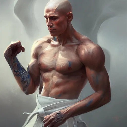 Image similar to A detailed matte oil on canvas painting of a white male martial artist monk, orchid arm tattoos by greg rutkowski and artgerm, trending on artstationhd, dungeons and dragons art