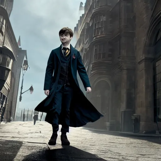 Image similar to Daniel radcliffe as harry potter, epic wide shot, cinematic shading, widescreen, sharp image, warm colors, Blu-Ray, directed by Asher Duran