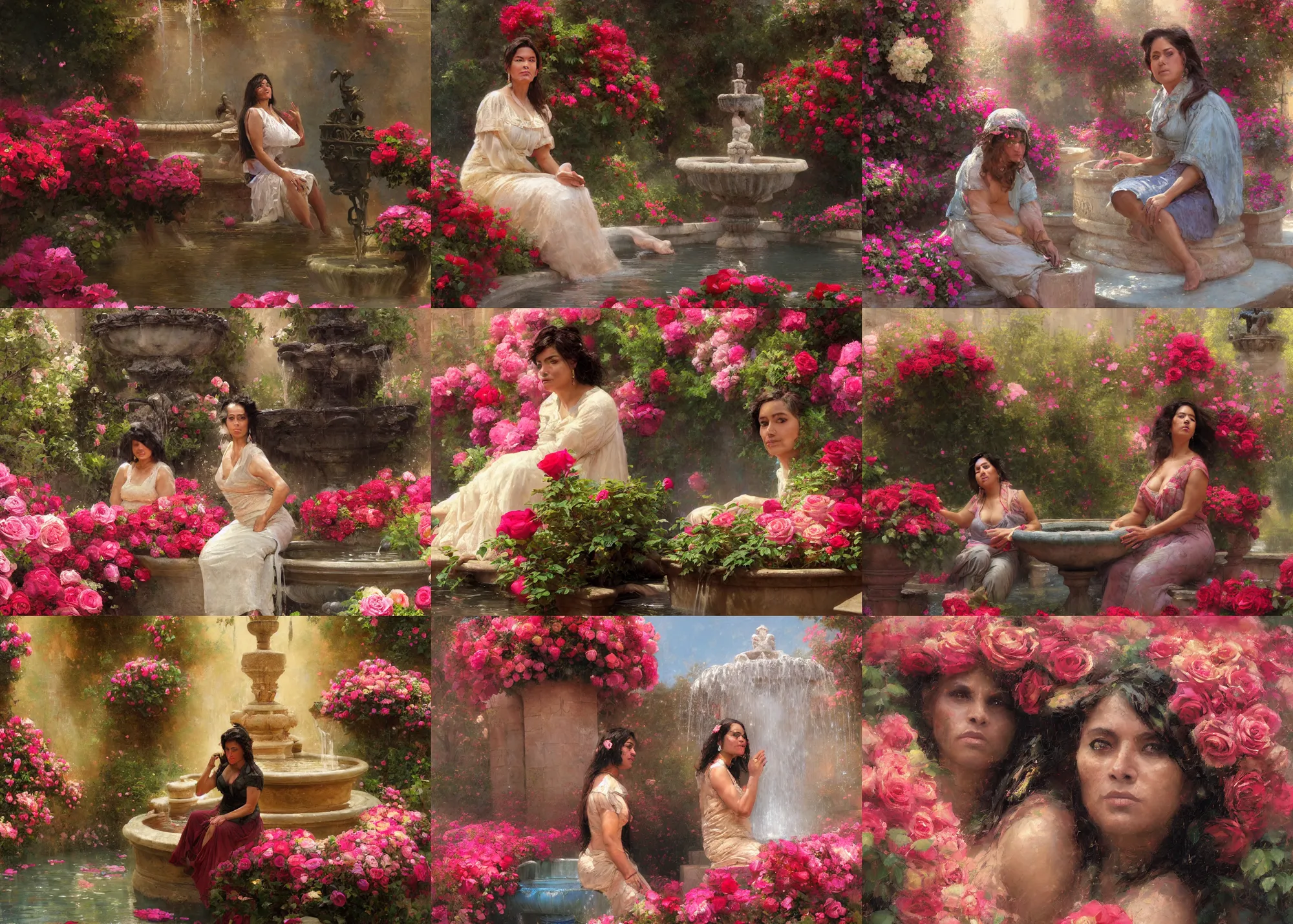 Prompt: digital art painting of a 4 0 years old latino woman seated on the edge of a fountain surrounded by roses and flowers painted by craig mullins and gaston bussiere and greg rutkowski, dramatic lighting, symmetrical facial features, symmetrical face, defined facial features, close up