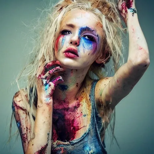 Prompt: astonishingly beautiful woman in tattered clothes revealing body, blonde hair, make up, vivid colors