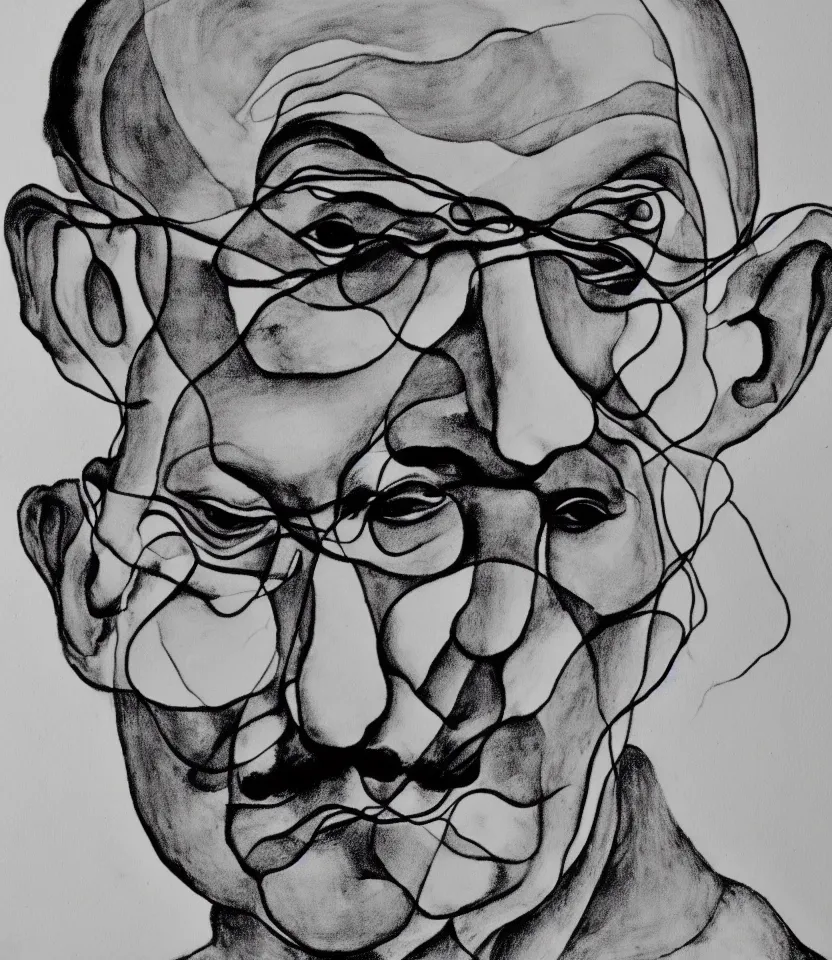 Prompt: elegant line art portrait of mahatma gandhi. inspired by egon schiele. contour lines, graphic musicality, twirls, curls and curves, strong personality, staring at the viewer