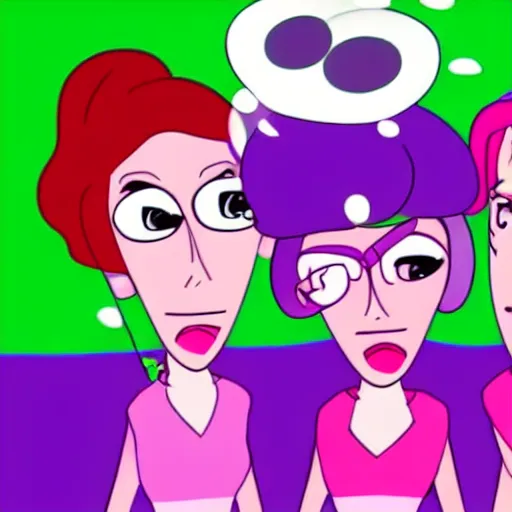 Image similar to animation of grownup The Powerpuff Girls smoking weed in a purple room