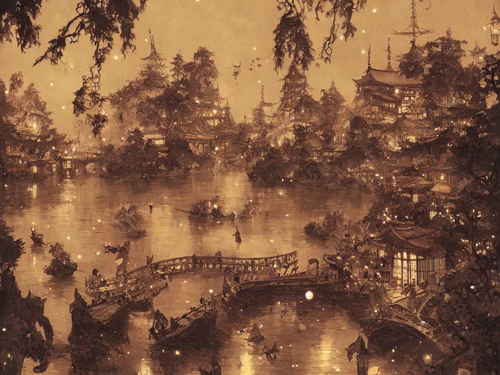 Image similar to antique photo view from the river of a beautiful painting of the lantern festival in a an ancient japanese town, at night with a sky full of stars, intricate, elegant, highly detailed, digital painting, artstation, concept art, by krenz cushart and artem demura and alphonse mucha