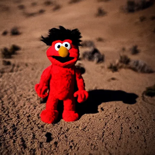 Image similar to Elmo dressed as a United States Marine in the desert sitting in a desert village, 8k, dramatic, depth of field,