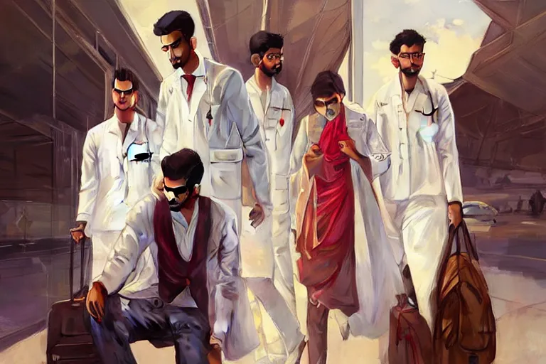 Image similar to Anxious good looking pale young Indian doctors wearing American clothes at the airport, portrait, elegant, intricate, digital painting, artstation, concept art, smooth, sharp focus, illustration, art by artgerm and greg rutkowski and alphonse mucha