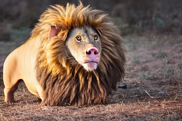 Image similar to a pig lion!!! hybrid! hyper realistic!! realistic lighting!! wildlife photographer of the year!!! bold natural colors, national geographic, hd, wide angle, 8 k