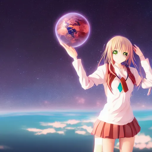 Image similar to An anime girl holding and terraforming a planet on her hands, wide-shot, high detail, 4k, digital art, artstation, 8k, very detailed