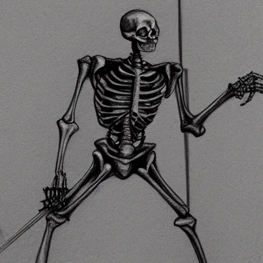 Prompt: pencil sketch of a skeleton with a cane sprinting, concept art