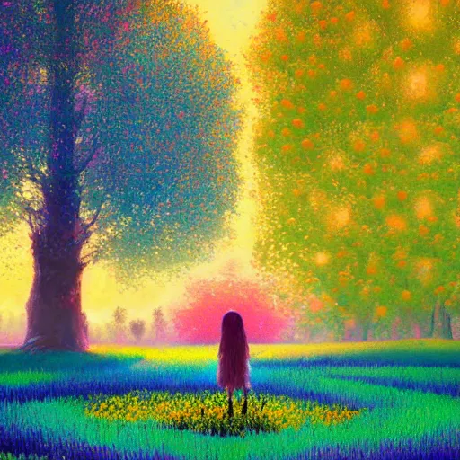 Image similar to girl merging with flower, standing in a flower field, big trees, sunrise dramatic light, impressionist painting, colorful clouds, digital painting, pointillism, artstation, simon stalenhag