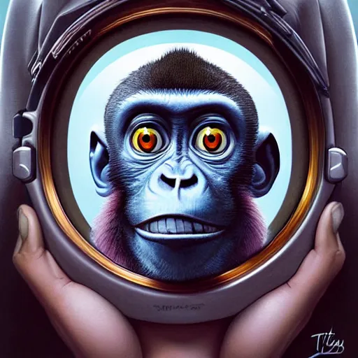 Image similar to lofi monkey in front of a mirror reflecting the expression of a human face, Pixar style by Tristan Eaton Stanley Artgerm and Tom Bagshaw, high detail