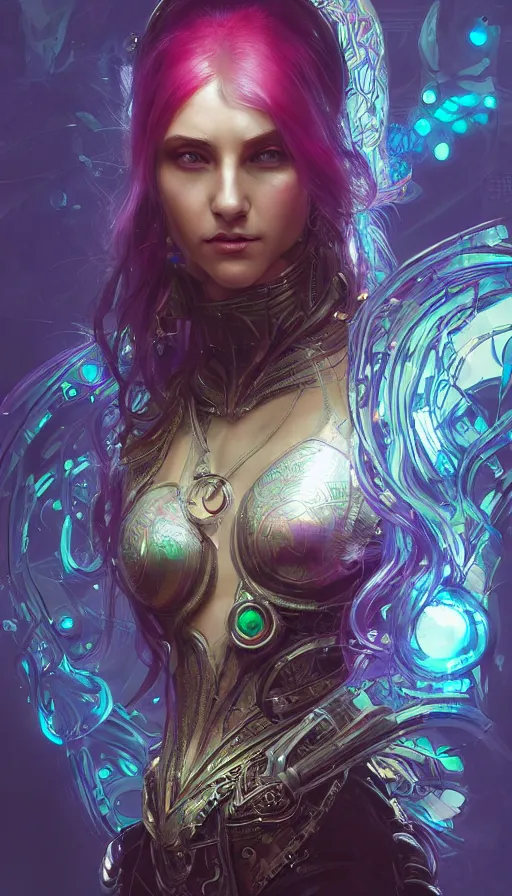 Prompt: cyberpunk angry gorgeous elven queen, neon, fibonacci, sweat drops, insane, intricate, highly detailed, digital painting, artstation, concept art, smooth, sharp focus, illustration, Unreal Engine 5, 8K, art by artgerm and greg rutkowski and alphonse mucha
