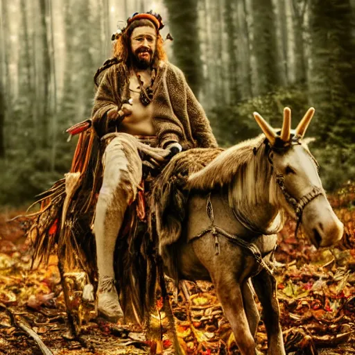 Image similar to hippie tribal hobo wearing twigs and leaves smiling sheepishly, riding tiny scuffy donkey with novelty oversized antlers, autumn forest, highly detailed, dramatic lighting, night time, cinematic, hyperrealistic, detailed, movie still from game of thrones