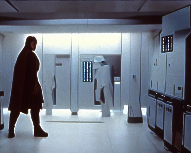 Image similar to screenshot sith android in a cloning lab, pensive, iconic scene from 1 9 8 0 s star wars film directed by ridley scott, in a sci fi architecture, last jedi, 4 k hd sharp, cinematic still frame, photoreal, detailed face, moody lighting, stunning cinematography, anamorphic lenses, kodak color film stock