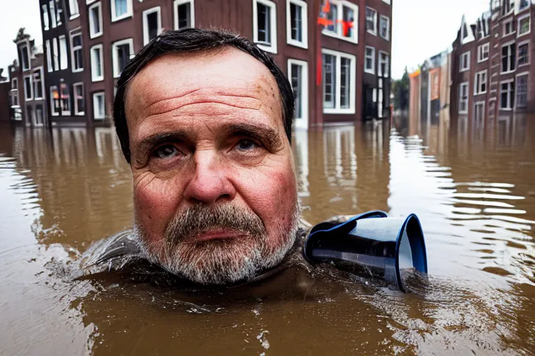 Image similar to closeup potrait of a man with a bucket of water in a flood in Amsterdam, photograph, natural light, sharp, detailed face, magazine, press, photo, Steve McCurry, David Lazar, Canon, Nikon, focus