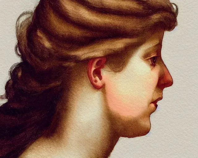 Image similar to colored portrait. a very unique profile, seen from the side, medium shot, of a woman's profile, with sharp face, a straight and very long nose, and huge prominent eyes. her hair is curly. old photograph. sharp image. watercolor. highly detailed, color harmony, art station, ornate, caravaggio style. old photography