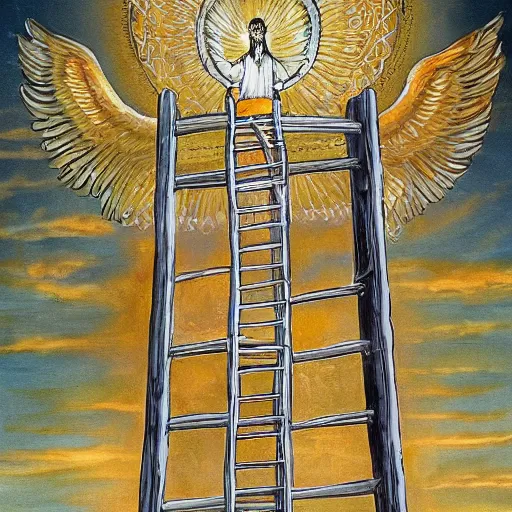 Prompt: ladder to heaven, white clouds, angelic, godly, holy, light