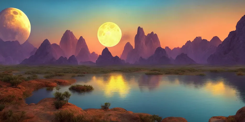 Prompt: ultra detailed and realistic painting of the sunset and a full moon in an environment of water mountains desert and forest inspired by very beautiful cute and colored disney movie backgrounds, rendered in 8 k unreal engine