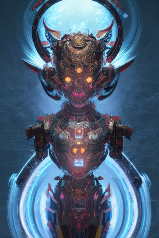 Image similar to asura from chinese myth, ghost, mecha, symmetrical. sci - fi, tech wear, glowing lights, intricate, elegant, highly detailed, digital painting, highly detailed, digital painting, artstation, concept art, smooth, sharp focus, illustration, art by artgerm and greg rutkowski and alphonse mucha