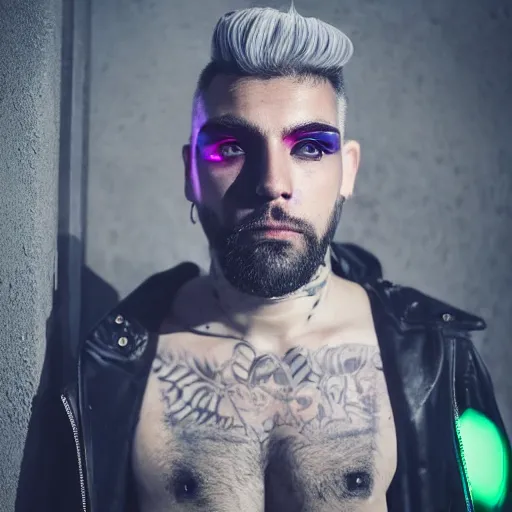 Image similar to bust portrait of handsome proud man with short black hair with grey hair, piercing in eyebrow, very short full beard, cyberpunk, fashion editorial photography, neon color scheme, waist up, low angle