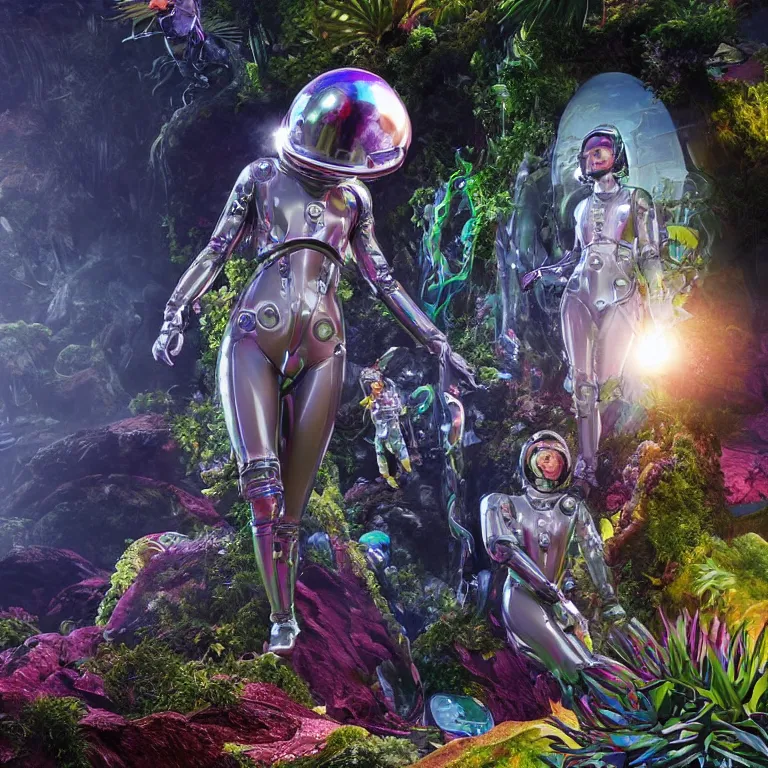 Image similar to octane render portrait by wayne barlow and carlo crivelli and glenn fabry, focus on a woman wearing a clear iridescent plastic spacesuit with intricate iridescent metal helmet, surrounded in colorful tropical alien flora in front of a giant rocky cave opening, cinema 4 d, ray traced lighting, very short depth of field, bokeh