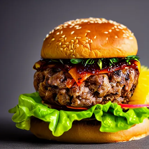 Image similar to juicy hamburger with crispy buns with pineapple topping, 8 k resolution, food photography, studio lighting, sharp focus, hyper - detailed