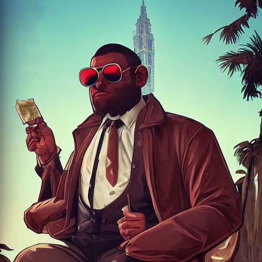 Image similar to [Monkey as president of Banana as GTA character, propaganda!, closeup, D&D, intricate, elegant, highly detailed, digital painting, artstation, concept art, matte, sharp focus, illustration, art by Artgerm and Greg Rutkowski and Alphonse Mucha and Enki Bilal]