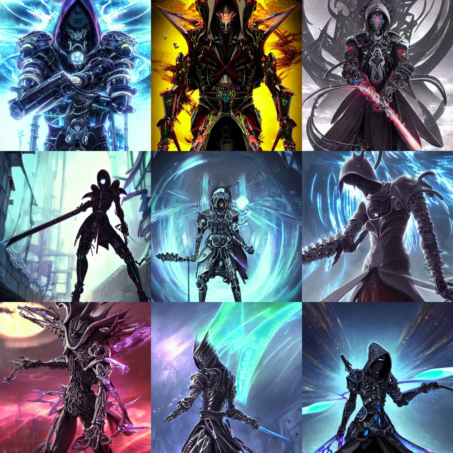 Prompt: Powerful intricate part-cybernetic dark hooded assassin sword fighting the biomechanical warrior god of chaos, beautiful high quality realistic anime CGI from Makoto Shinkai, fantasy, detailed, iridescent, technological, gothic influence, royal, colorful, epic, explosions of power, precious gems, smoke, thunderous battle, fluorescent colors, ornate crystal crown hood, epic, futuristic, intricate, dark, sparkling, background megastructure, water, smooth anime CG art, iridescent, fluorescent colors, rainbow aura crystals, shimmering rainbow colors, animation, in the style of Makoto Shinkai