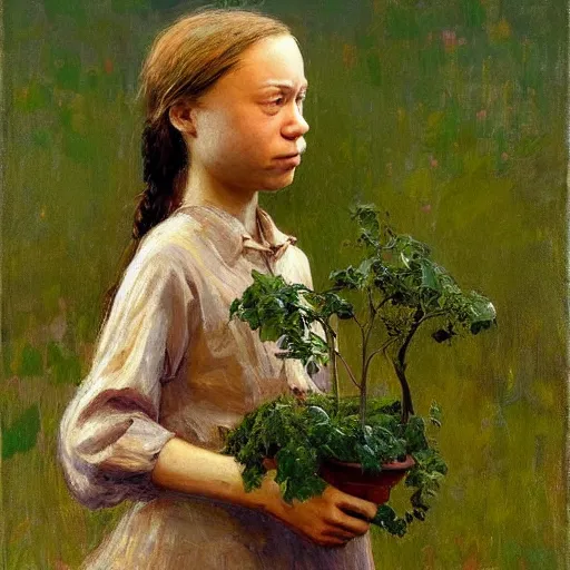 Prompt: Devastated Greta Thunberg holding a green plant and crying, impressionism, barren earth, gloomy colors, brown background, vivid attention to detail, by Greg Rutkowksi and Ilya Repin