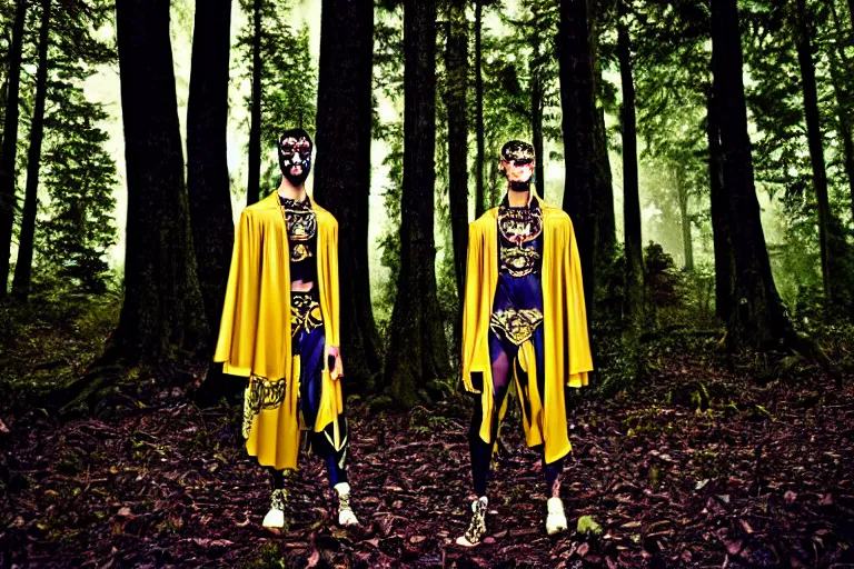 Image similar to versace avant garde male toga intricate textiles streetwear cyberpunk posing in the woods trees cloudy overcast dark late evening dramatic 3 5 mm professional color