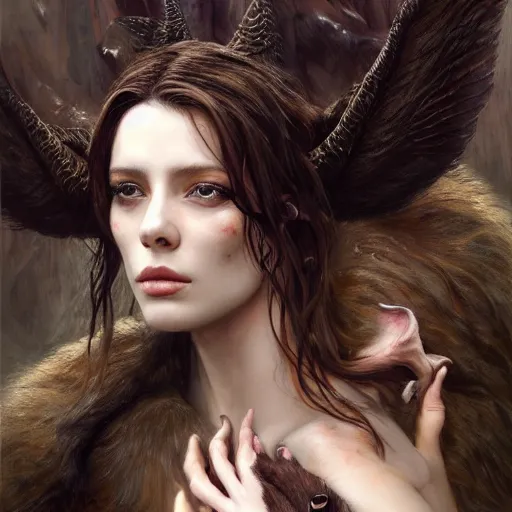 Image similar to of a beautiful brunette woman with a wolf intricate skin, fur, silicone cover, elegant, peaceful, full body, horns, hyper realistic, extremely detailed, dnd character art portrait, fantasy art, intricate fantasy painting, dramatic lighting, vivid colors, deviant art, artstation, by edgar maxence and caravaggio and michael whelan and delacroix