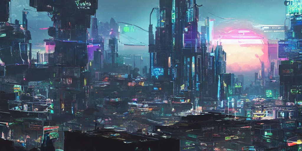 Image similar to a cinematic composition depicting : a computer run cyberpunk and solarpunk world, viewed from the cyberpunk mountain overlooking solarpunk valley