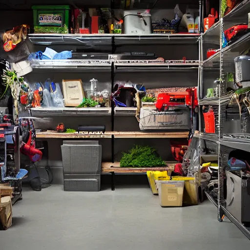Image similar to garage with carnivorous plants on the shelves and packing peanuts on the floor, scene from tv show hyper detailed 5 5 mm 8 5 mm, low - light photography by tyler mitchell, made out of plastic