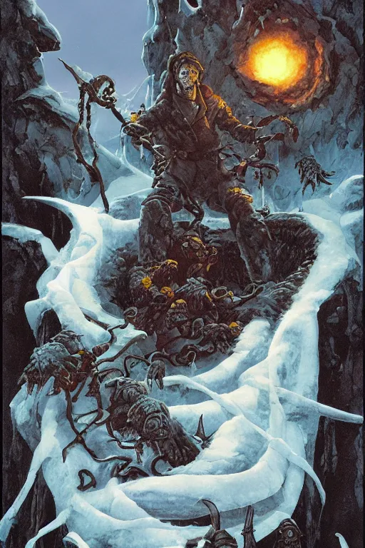 Image similar to lllustration by Michael Whelan of The Gelatinous cube Maven Fenbert the Terror, master of Ice, and their cruel gathering of slithering trackers and sickening black puddings.