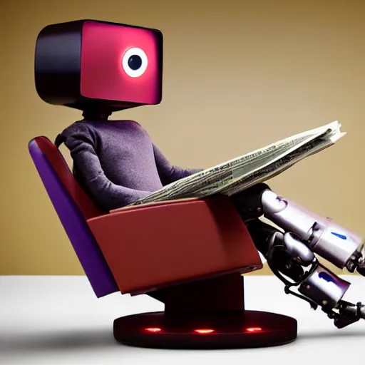 Image similar to futuristic studious matte brown and red and chrome full-body humanoid robot with two huge round expressive sad purple glowing LED eyes and open rectangular mouth sitting on a large comfortable cushioned 1950s vintage recliner reading a newspaper. open newspaper. full shot Cinematic Movie Photograph, Arri Alexa, Extremely Detailed, smooth, very very clean, 8K, octane render, maya render, unreal engine, trending on artstation, DSLR, excellent composition, center frame