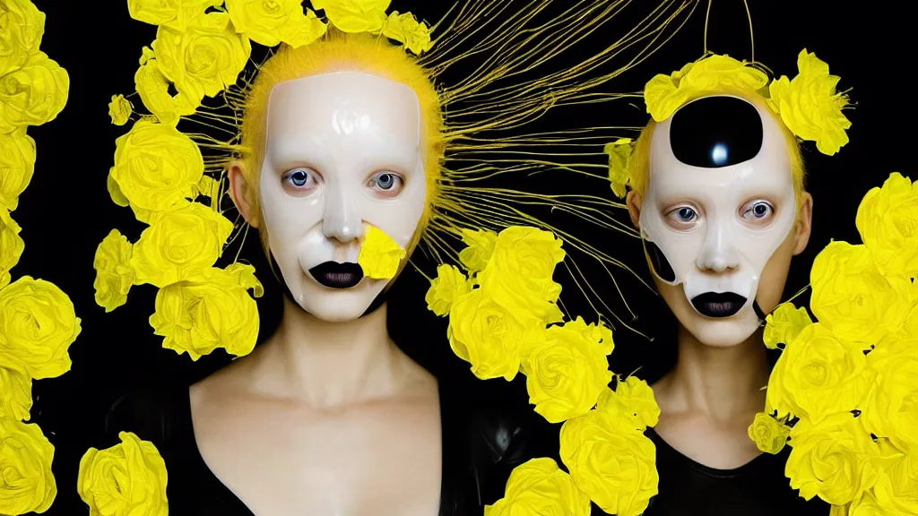 Prompt: symmetrical close - up portrait of a woman wearing a translucent silicone beauty mask and yellow hair, wearing a black bodysuit by alexander mcqueen, plastic translucent flowers, black background, soft diffused light, biotechnology, humanoide robot, bjork aesthetic, translucent, intricate details, highly detailed, masterpiece,