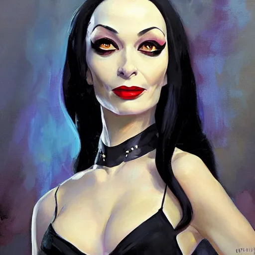 Prompt: greg manchess portrait painting of morticia from addams family as overwatch character, medium shot, asymmetrical, profile picture, organic painting, sunny day, matte painting, bold shapes, hard edges, street art, trending on artstation, by huang guangjian and gil elvgren and greg rutkowski