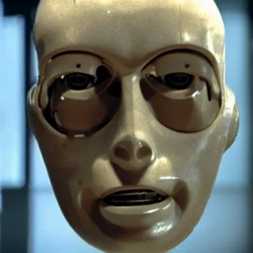 Prompt: Possession of a robot, movie by Andrzej Żuławski, movie still, robot head and man head looking to the side, dop