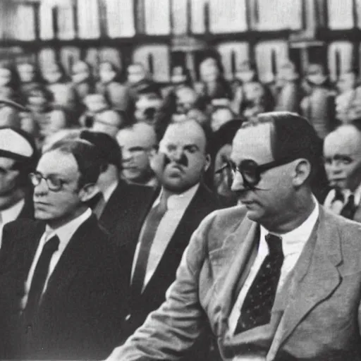 Prompt: vintage picture of mike wazowski at nuremberg trials