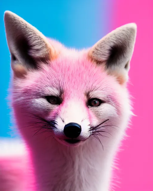 Prompt: pink fox, blue background, 8 k, 8 5 mm f 1. 8