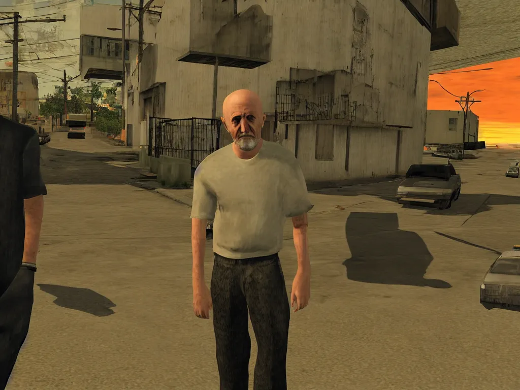 Image similar to Mike Ehrmantraut in Grove Street, screenshot from the PS2 version of GTA San Andreas, orange sky