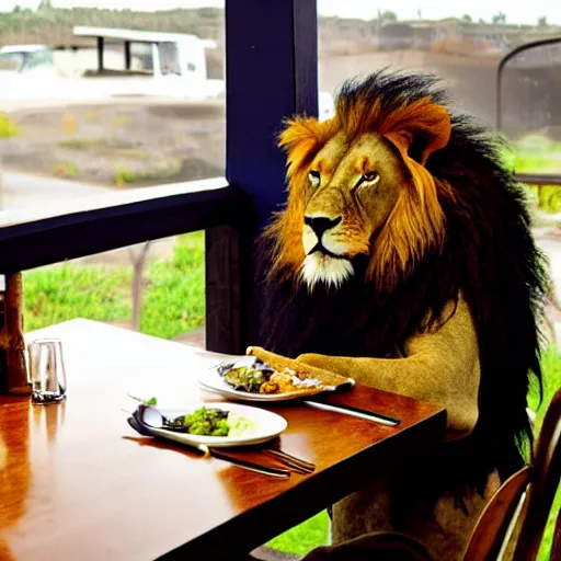 Image similar to a lion sitting at a restaurant eating dinner