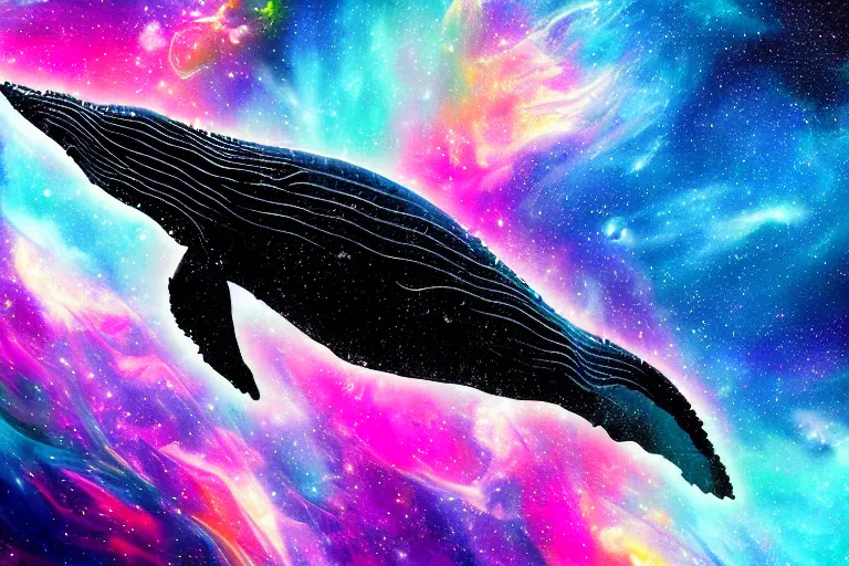 Image similar to a humpback whale made of a cosmic map swimming through a colorful space nebula with a black hole, event horizon, digital art, photorealistic