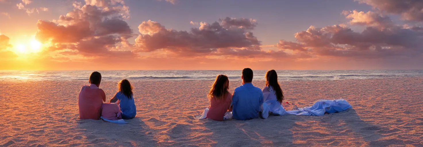 Prompt: a man with his daughter and wife sitting on a white sand beach watching the sunset, highly detailed photograph high definition