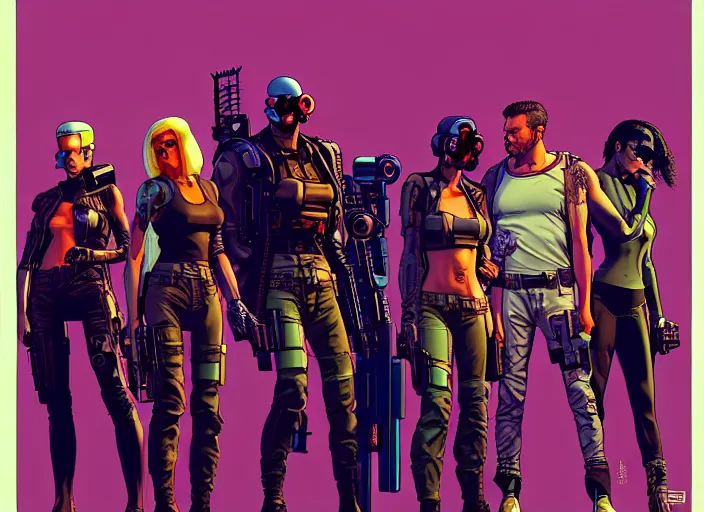 Image similar to cyberpunk cartel kill squad. portrait by stonehouse and mœbius and will eisner and gil elvgren and pixar. character design. realistic proportions. cyberpunk 2 0 7 7 character art, blade runner 2 0 4 9 concept art. cel shading. attractive face. thick lines. the team. diverse characters. shadowrun. artstationhq.